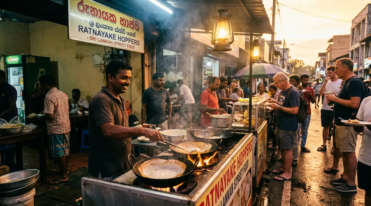 Cook preparing kottu roti at a street stall
