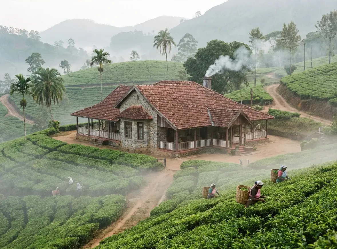 Planter's bungalow among misty tea terraces