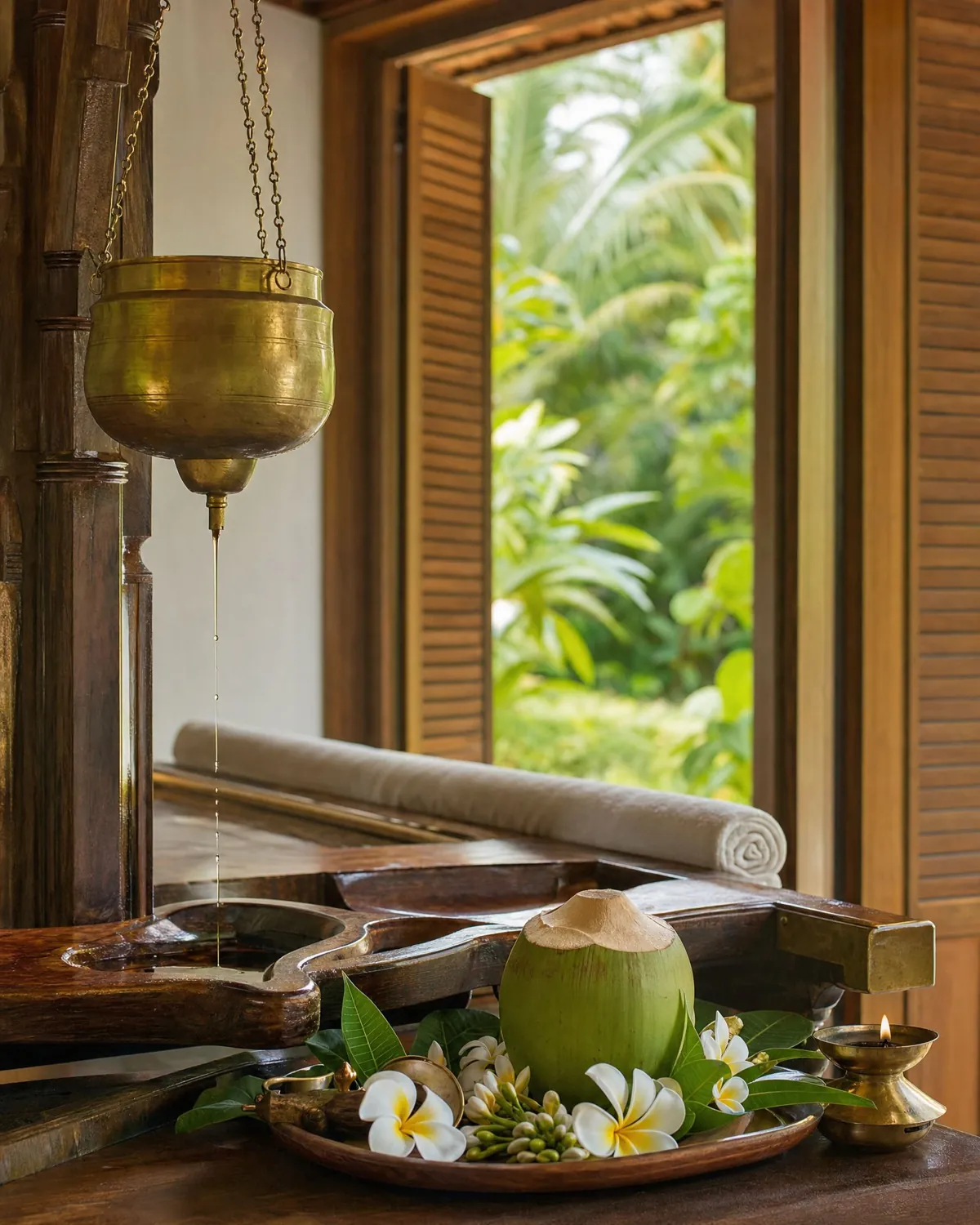 Warm herbal oil poured from a brass vessel in an Ayurveda treatment room