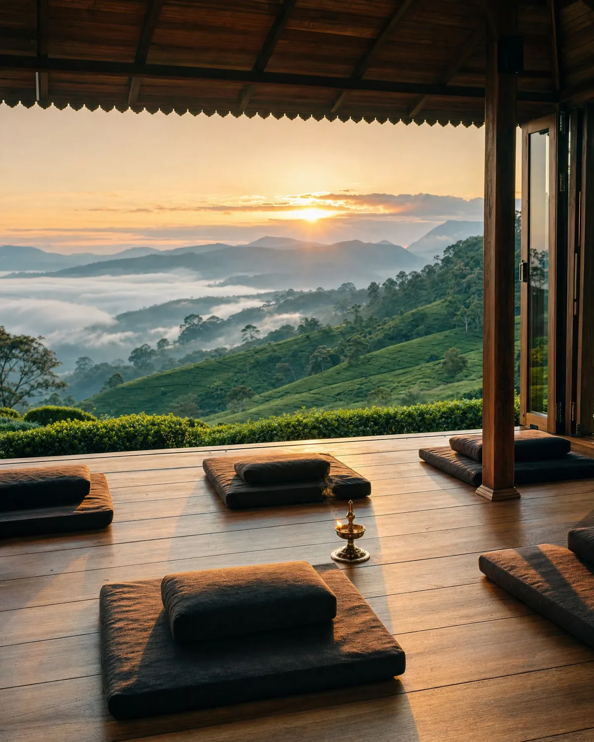 Quiet meditation pavilion among misty tea-covered hills