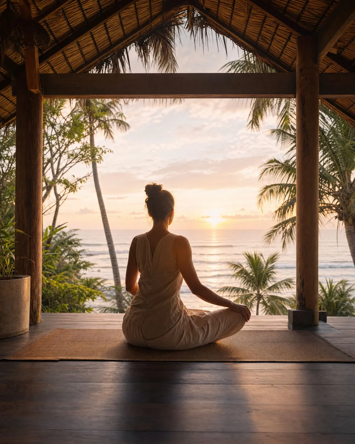 Yoga mat laid out in an open pavilion overlooking the ocean at sunrise